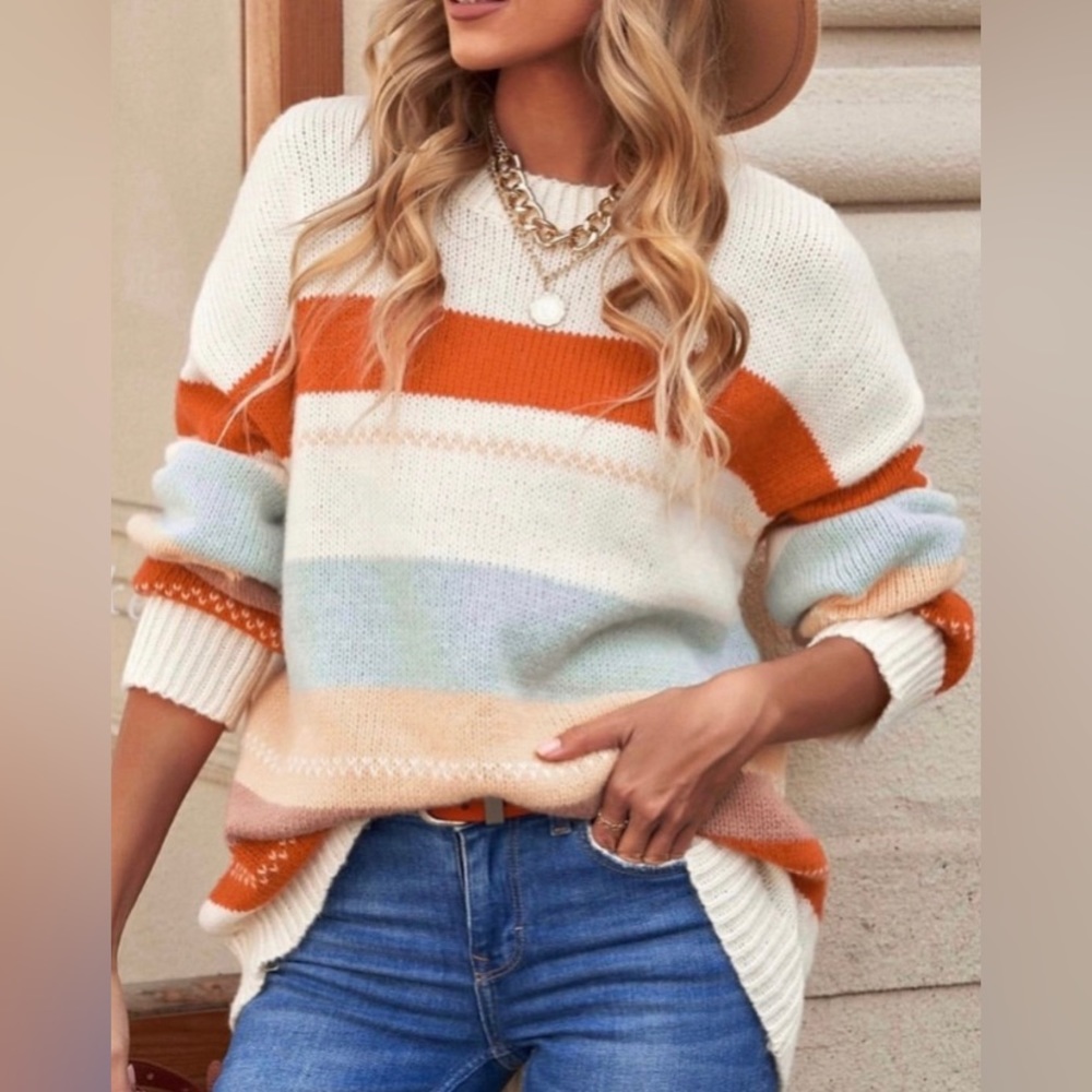 Shewin Fall Striped Knit Sweater White, Orange, Tan, Brown, & Blue Small NWT